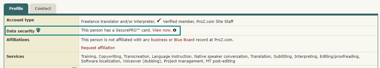 SecurePRO card on profile