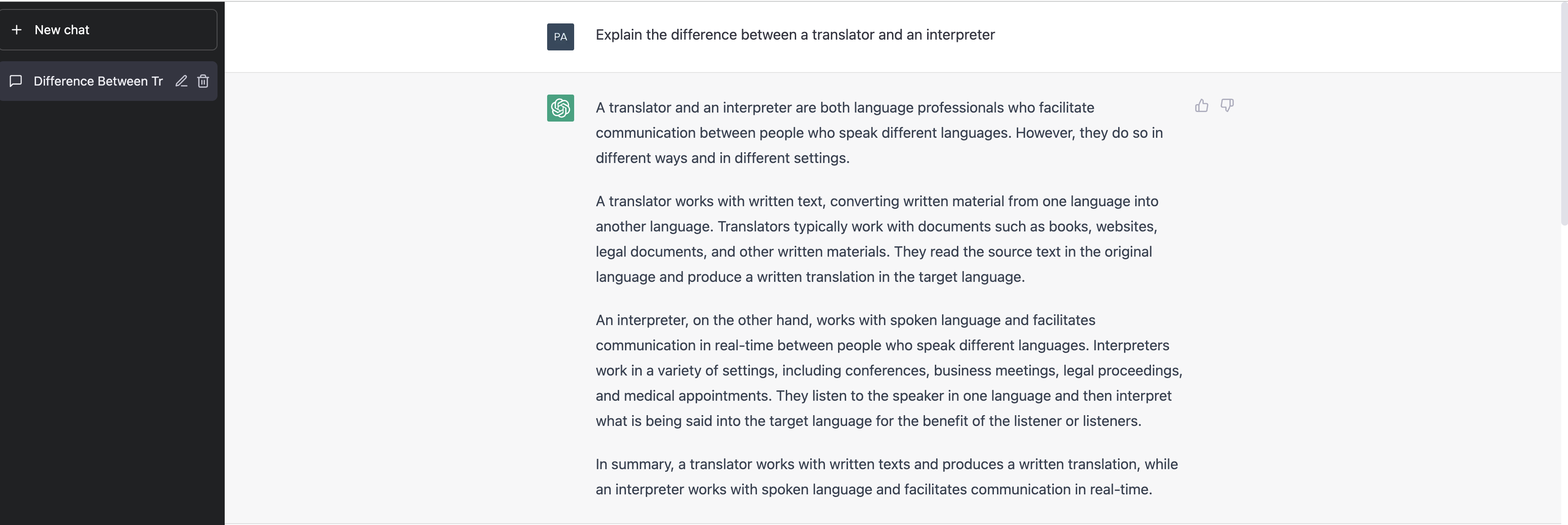 Chat GPT Explain difference translator interpreter