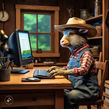 a_barn_animal_that_looks_like_a_person_sitting_at_a_desk_in_front_of_a_computer_in_a_home_office_sending_an_invoice_in_hopes_of_receiving_payment_in_american_dollars