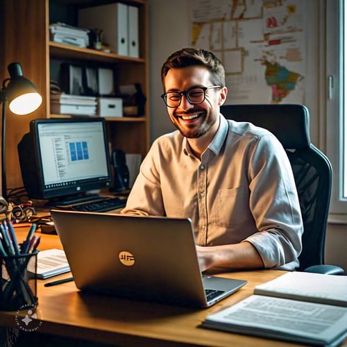 a_happy_male_translator_in_a_home_office_in_front_of_a_laptop_computer_with_an_open_window_nearby_and_some_dictionaries_on_the_desk_near_the_computer