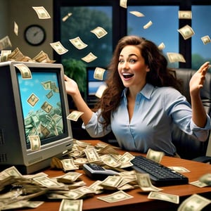 a_person_in_an_office_in_front_of_their_computer_looking_happy_because_they_received_money_that_seems_to_be_spilling_out_of_their_computer_in_a_cartoon_style_of_pixar
