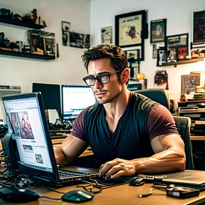 of_a_nerdy_but_fit_male_website_translator_looking_at_a_website_in_a_home_office_the_male_should_be_a_marvel_fan_of_the_comic_book_movies