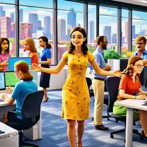 office_workers_in_style_of_aardman_smiling_while_working_together_in_an_office_with_a_view_of_a_city_behind_them_with_one_female_character