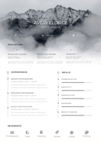 Greyscale CV with an illustration of mountains on the header.