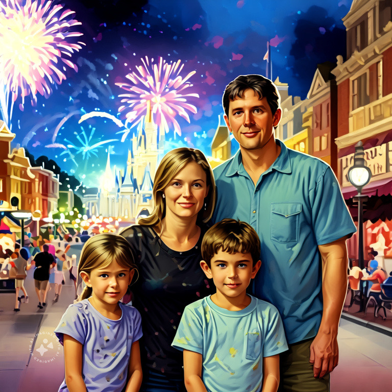 of_people_posing_for_a_family_photo_illustrated_in_the_style_of_james_gurney_disney_world_in_orlando_florida_the_scene_features_detailed_textures_and_soft_lighting_with_the_family_on_main_street_with_disney_fireworks_in_the_sky_behind_them