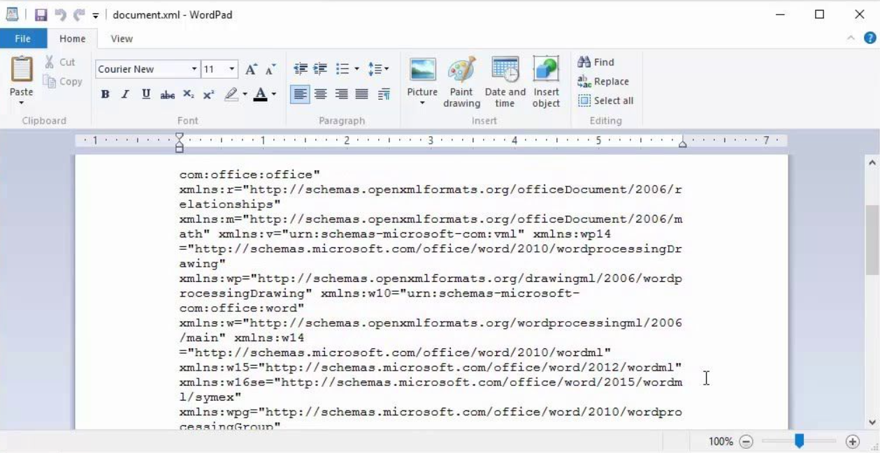 WordPad screenshot showing a broken text file.